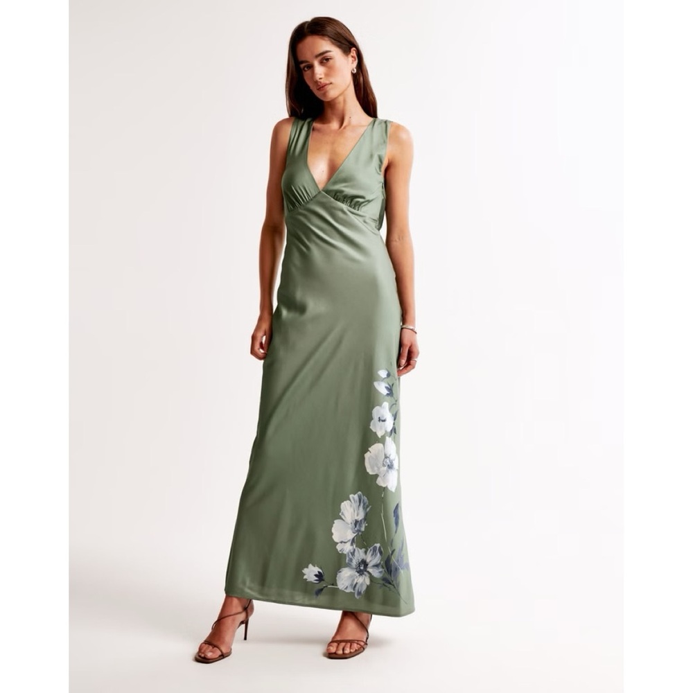 Abercrombie & Fitch • plunge cowl back maxi dress sage green blue floral sz XLP